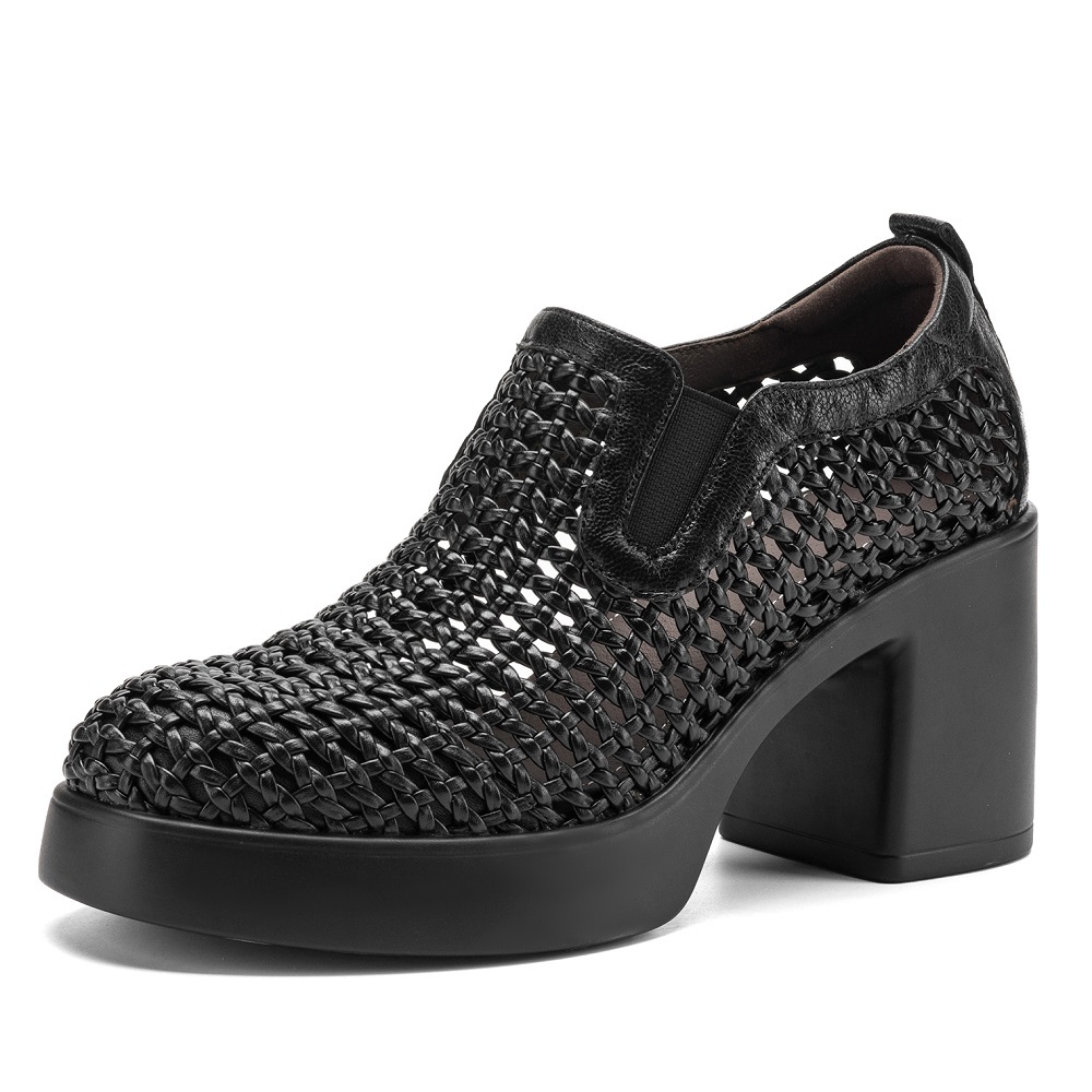 Women's Hollow Breathable Genuine Leather Concise Slim Fit 8 CM Block Heel Woven Slip-On Spring Summer Pointed Toe Gladiator Commuter Single Shoes 60406