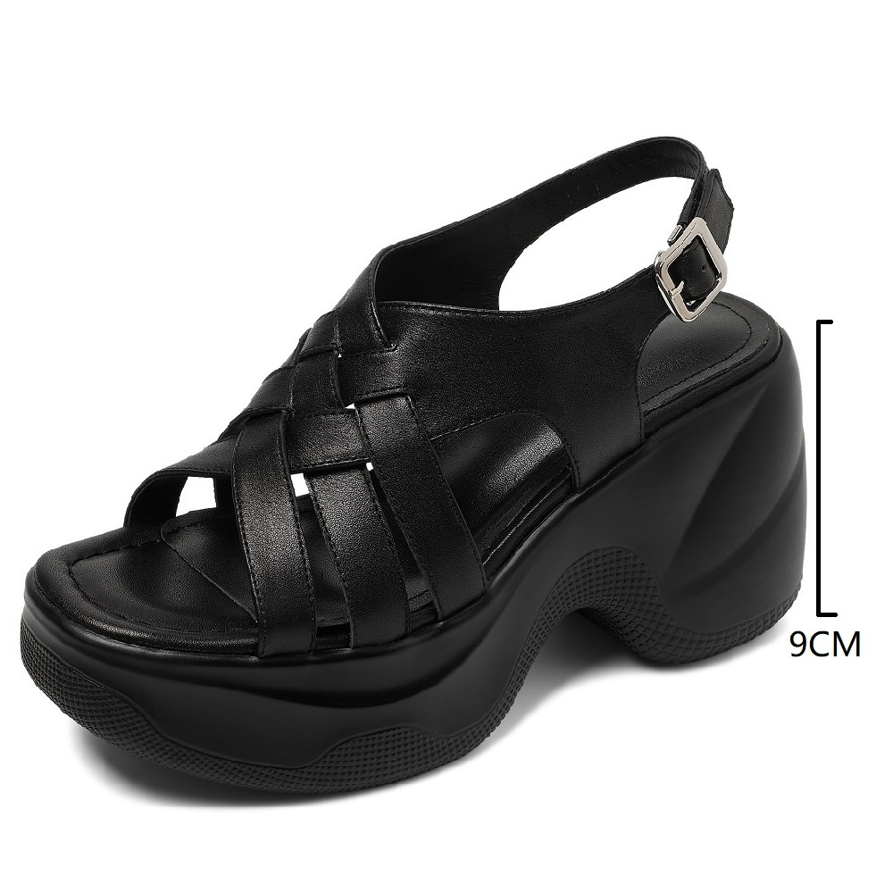 Women's Gladiator Sandals Summer Genuine Leather Open Toe Cut Out Woven Crisscross Straps 9 CM Platform Wedge Heel Buckle Shoes 60409
