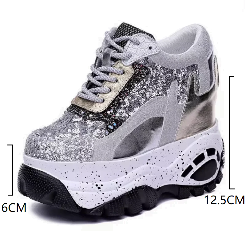 Spring Autumn New Slim 12.5 CM Height Increasing Platform Wedges Bling Lace-Up Genuine Leather Color Block Women Casual Shoes Sneakers 60206