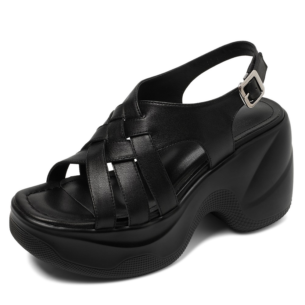 Women's Gladiator Sandals Summer Genuine Leather Open Toe Cut Out Woven Crisscross Straps 9 CM Platform Wedge Heel Buckle Shoes 60409