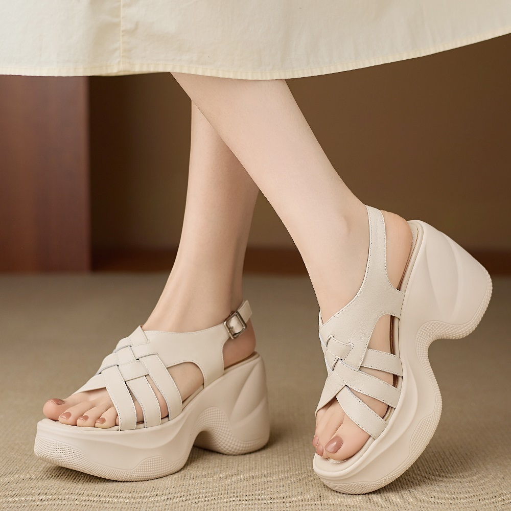 Women's Gladiator Sandals Summer Genuine Leather Open Toe Cut Out Woven Crisscross Straps 9 CM Platform Wedge Heel Buckle Shoes 60409