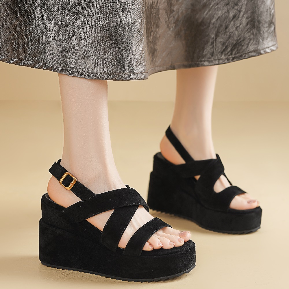 Women's 10 CM Wedge Heel One-Strap Slingback Crisscross Straps Open Toe Summer Minimalist Versatile Fashion Gladiator Cut Out Sandals 60409