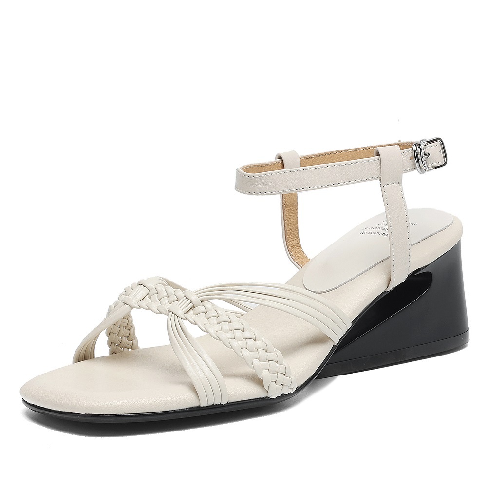 Women's 5.5 CM Irregular Heel Genuine Leather Woven Thin Strap Sweet Korean Style Concise Square Toe Cut Out Open Toe Summer Sandals 60409