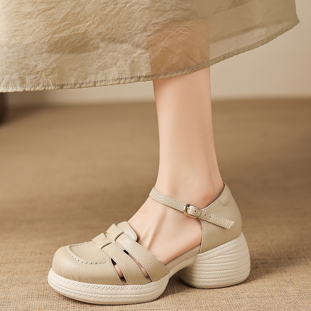 Women's Genuine Leather Casual Closed Toe Low-Cut One-Strap Closed Heel Cutout Summer Woven Soft Sole Comfort Gladiator Sandals 60410