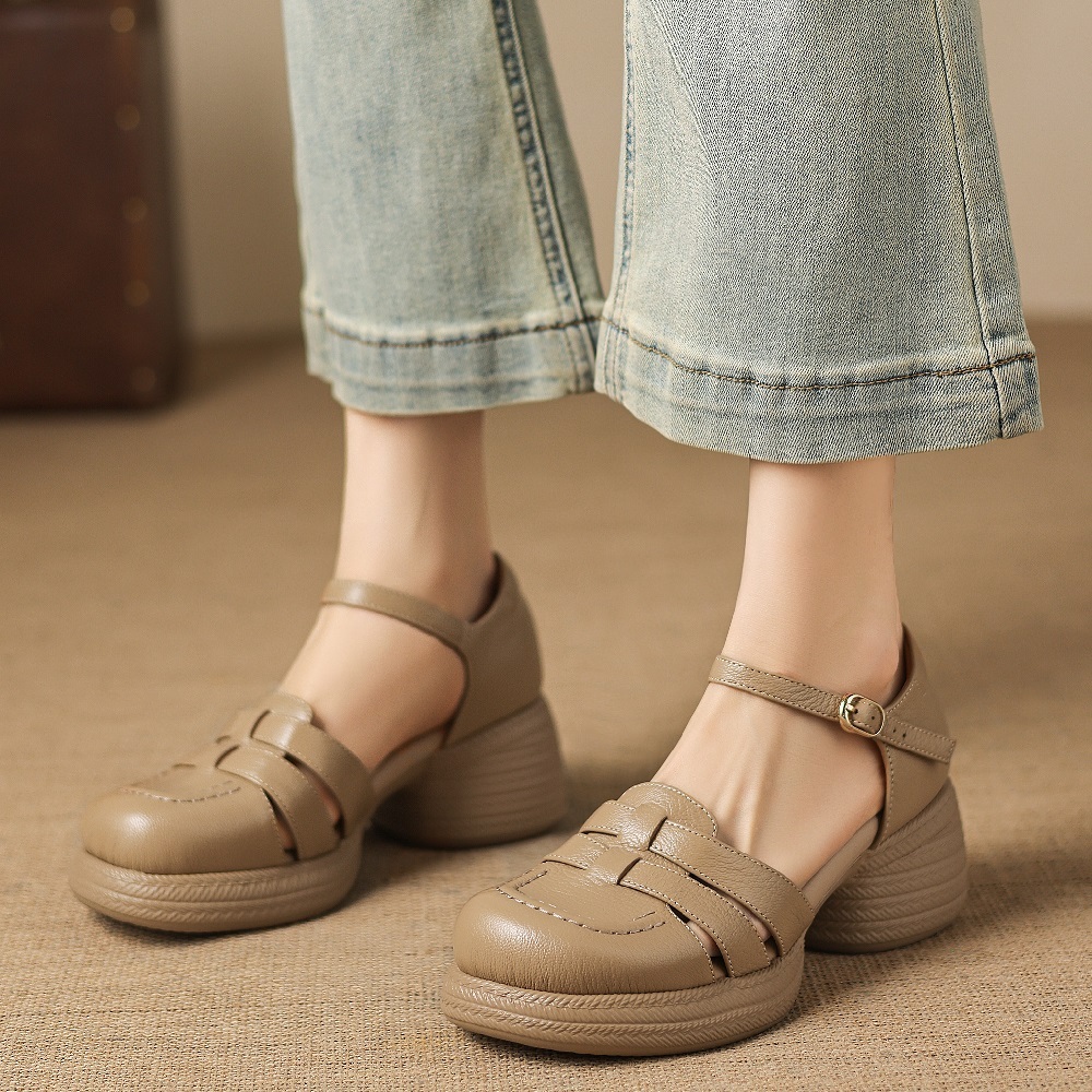 Women's Genuine Leather Casual Closed Toe Low-Cut One-Strap Closed Heel Cutout Summer Woven Soft Sole Comfort Gladiator Sandals 60410