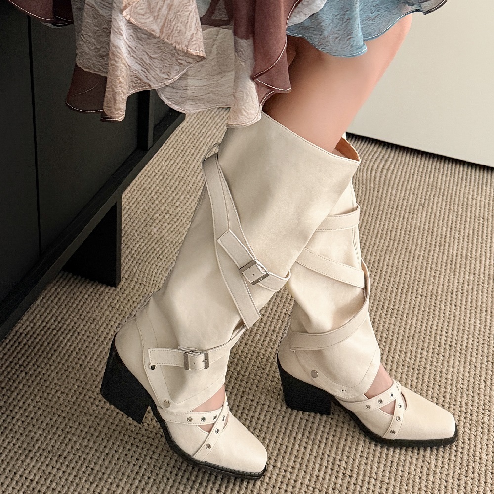 Retro Detachable Buckle Two-Way Wear Genuine Leather Spring Summer Sweet Cool Punk Rivets 6.7 CM Square Heel Versatile Slouch Boots 60410