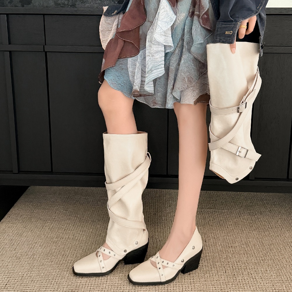 Retro Detachable Buckle Two-Way Wear Genuine Leather Spring Summer Sweet Cool Punk Rivets 6.7 CM Square Heel Versatile Slouch Boots 60410