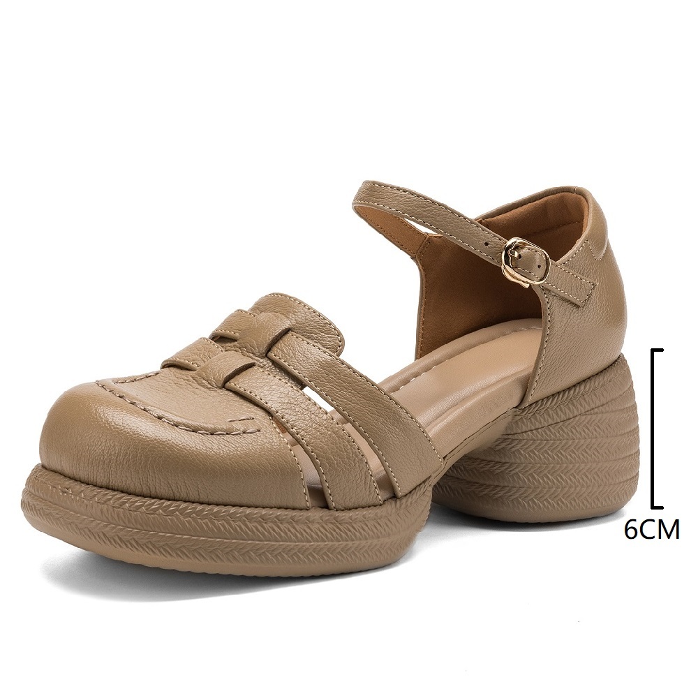 Women's Genuine Leather Casual Closed Toe Low-Cut One-Strap Closed Heel Cutout Summer Woven Soft Sole Comfort Gladiator Sandals 60410