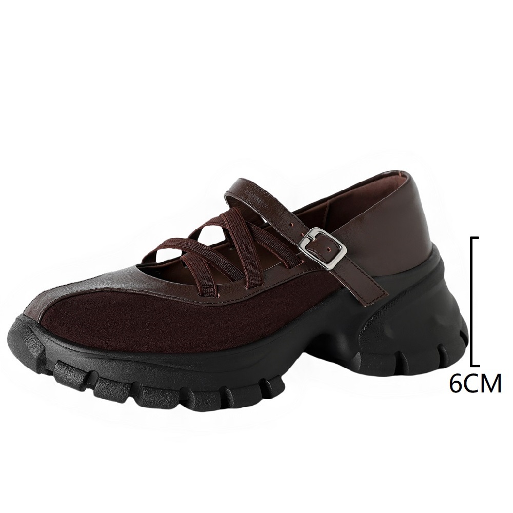 Women's Genuine Leather Stitching Elastic Crisscross Strap Casual Shoes Spring Summer 6 CM Thick Sole Retro Versatile Comfort Shoes 60410