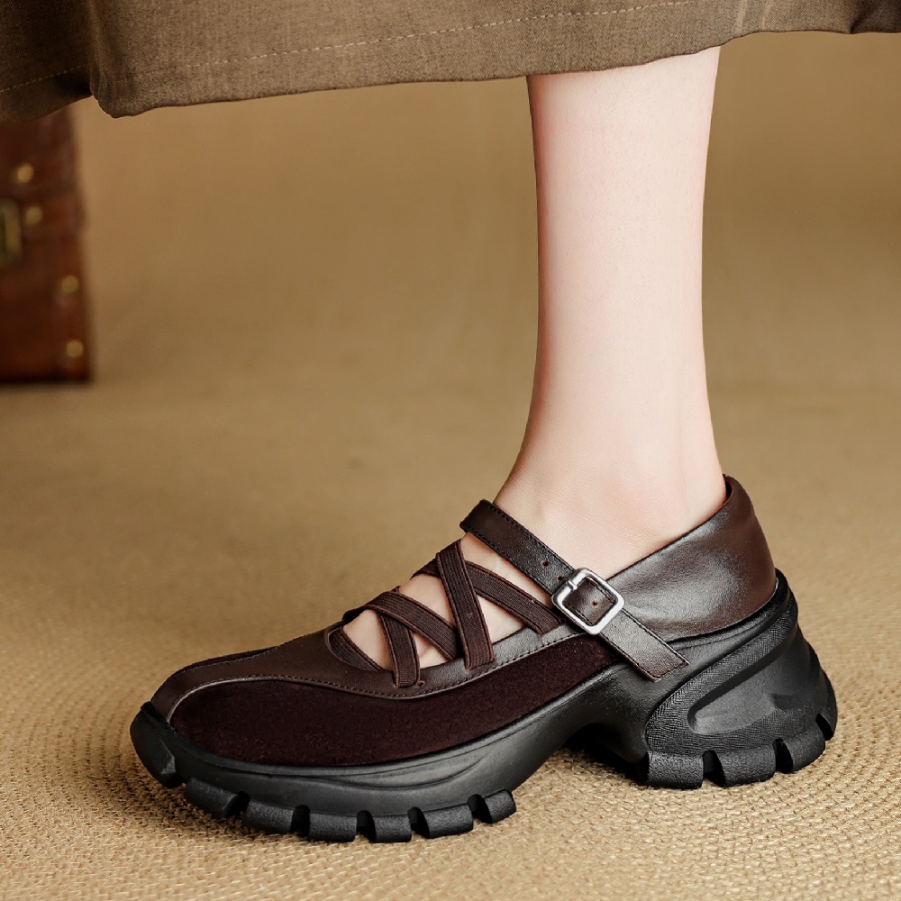 Women's Genuine Leather Stitching Elastic Crisscross Strap Casual Shoes Spring Summer 6 CM Thick Sole Retro Versatile Comfort Shoes 60410