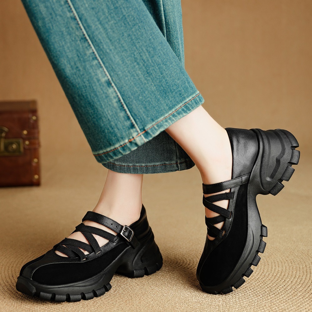 Women's Genuine Leather Stitching Elastic Crisscross Strap Casual Shoes Spring Summer 6 CM Thick Sole Retro Versatile Comfort Shoes 60410