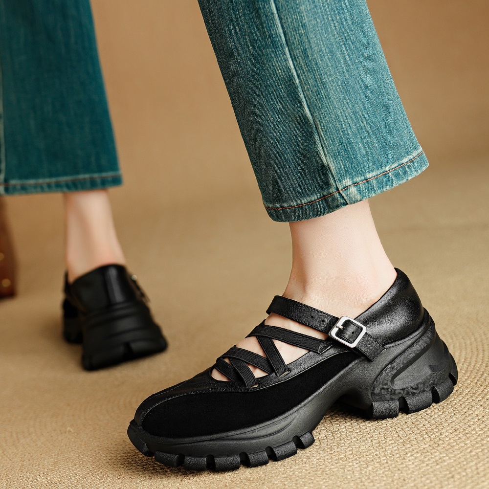 Women's Genuine Leather Stitching Elastic Crisscross Strap Casual Shoes Spring Summer 6 CM Thick Sole Retro Versatile Comfort Shoes 60410