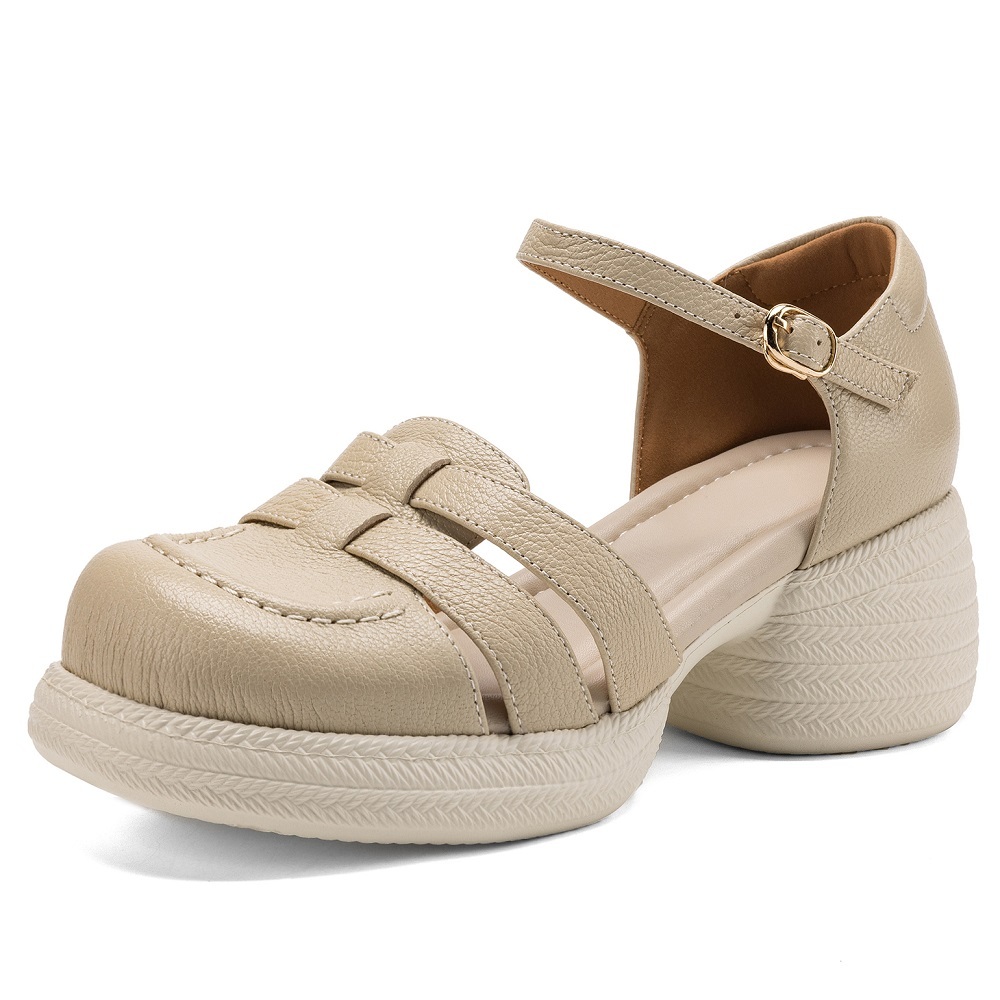 Women's Genuine Leather Casual Closed Toe Low-Cut One-Strap Closed Heel Cutout Summer Woven Soft Sole Comfort Gladiator Sandals 60410