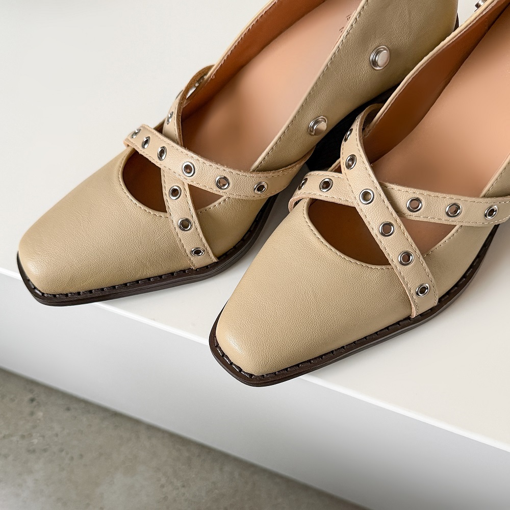 Retro Detachable Buckle Two-Way Wear Genuine Leather Spring Summer Sweet Cool Punk Rivets 6.7 CM Square Heel Versatile Slouch Boots 60410