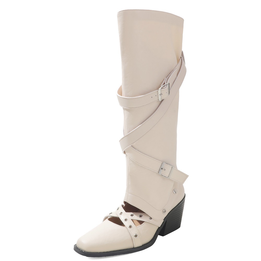 Retro Detachable Buckle Two-Way Wear Genuine Leather Spring Summer Sweet Cool Punk Rivets 6.7 CM Square Heel Versatile Slouch Boots 60410