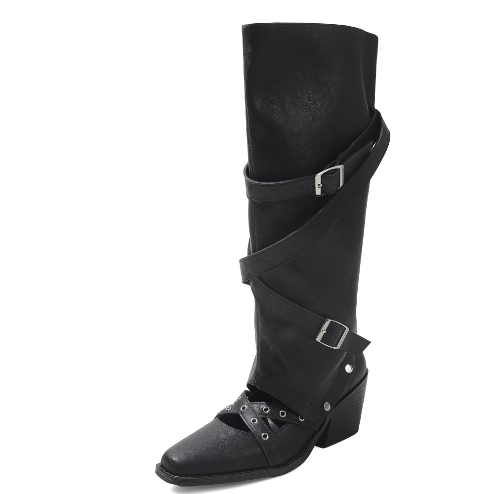 Retro Detachable Buckle Two-Way Wear Genuine Leather Spring Summer Sweet Cool Punk Rivets 6.7 CM Square Heel Versatile Slouch Boots 60410