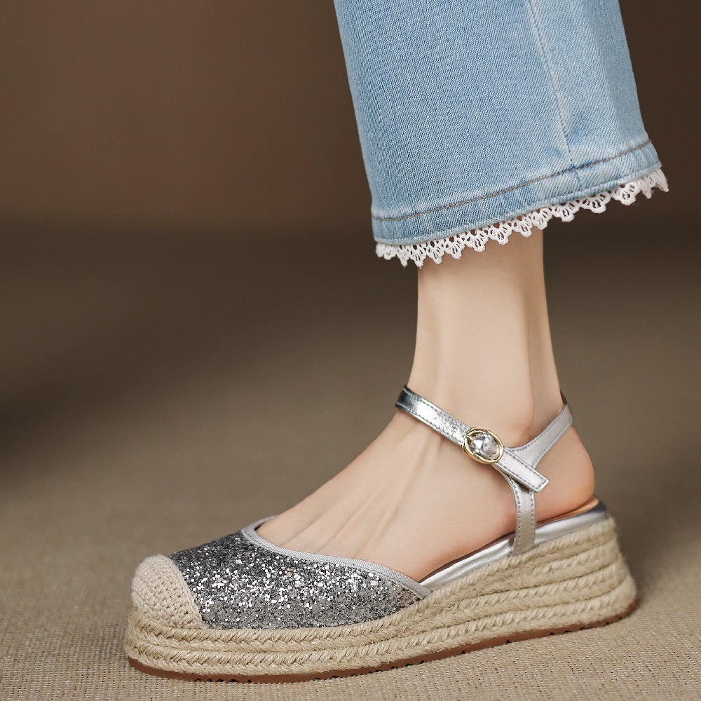 Women's Casual Comfort Sandals Summer Genuine Leather Toe Cap Sequined Patchwork Closed Toe Backless Single Strap 5 CM Wedge Heel Shoes 60411