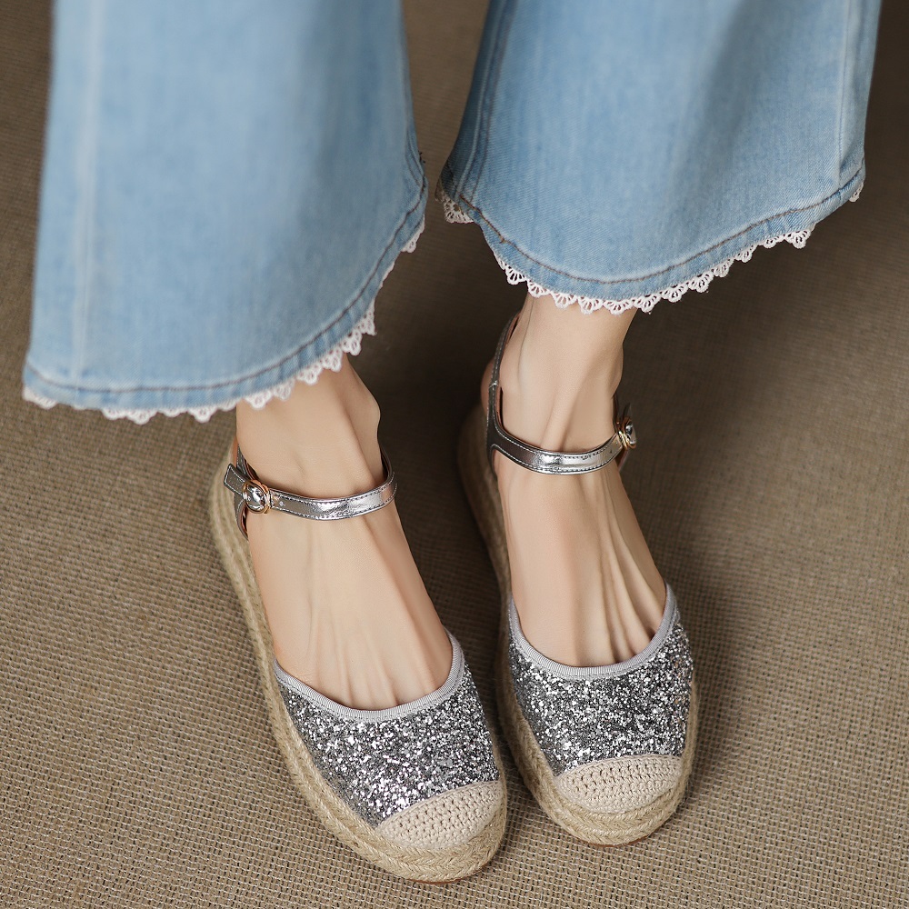 Women's Casual Comfort Sandals Summer Genuine Leather Toe Cap Sequined Patchwork Closed Toe Backless Single Strap 5 CM Wedge Heel Shoes 60411