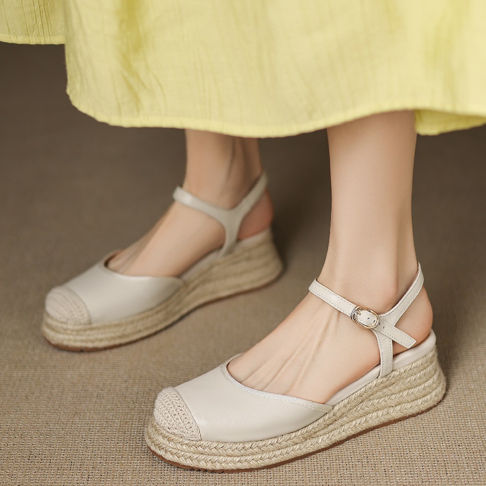 Women's Casual Comfort Sandals Summer Genuine Leather Toe Cap Sequined Patchwork Closed Toe Backless Single Strap 5 CM Wedge Heel Shoes 60411
