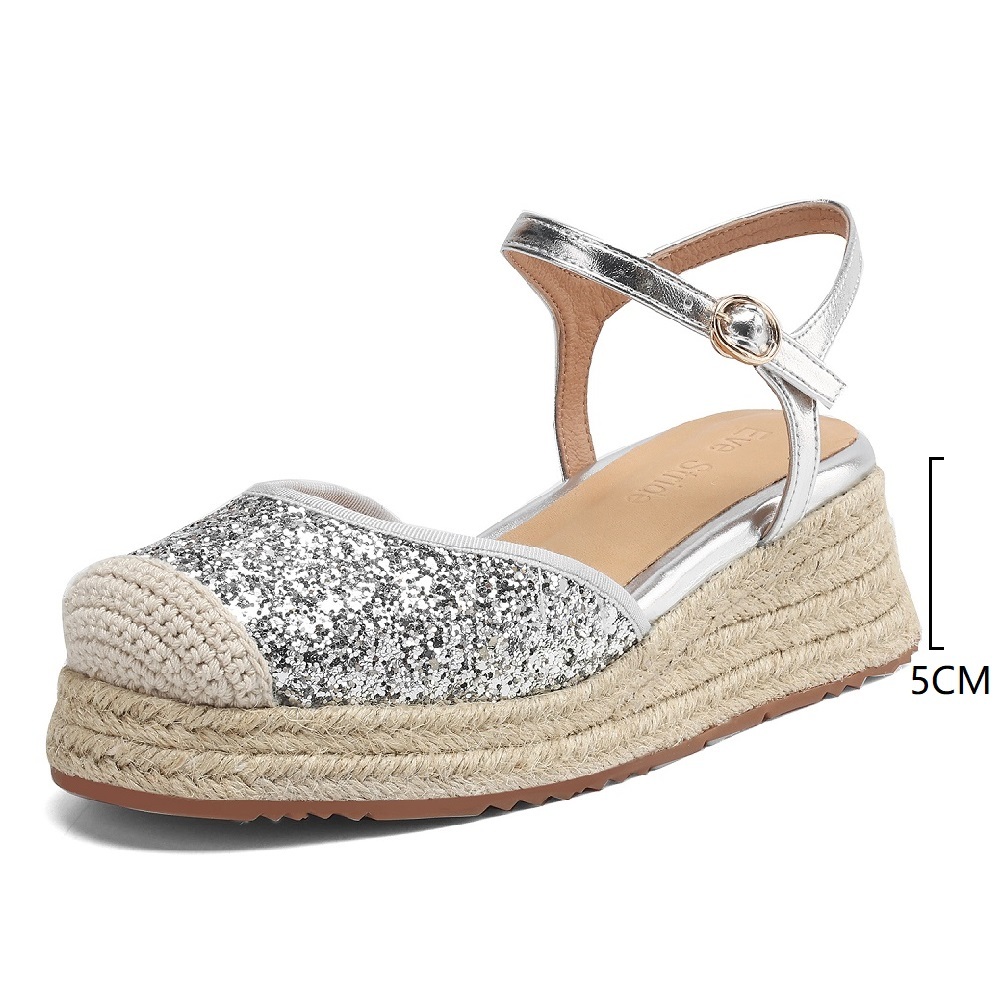 Women's Casual Comfort Sandals Summer Genuine Leather Toe Cap Sequined Patchwork Closed Toe Backless Single Strap 5 CM Wedge Heel Shoes 60411