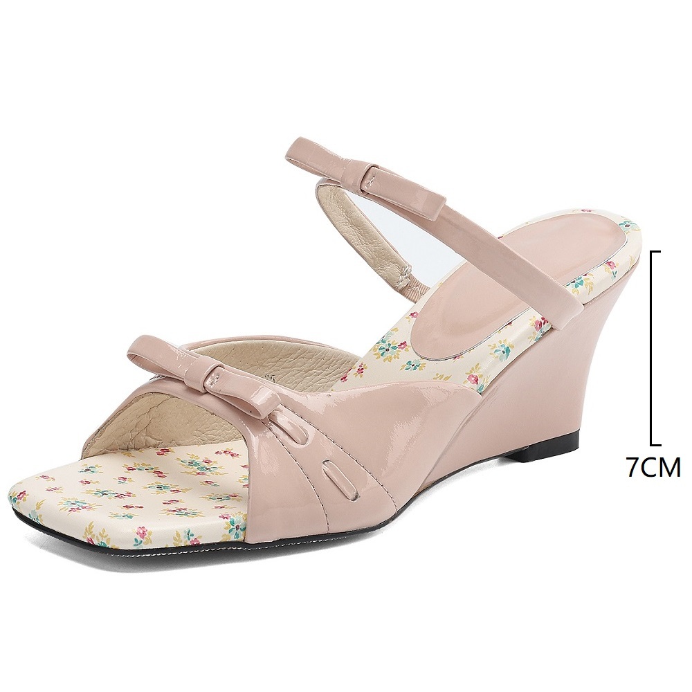 7 CM Wedge Heel Sweet Floral Summer Genuine Leather Bow Square Toe Mules Age Reducing Elegant French Style Slide Sandals 60411