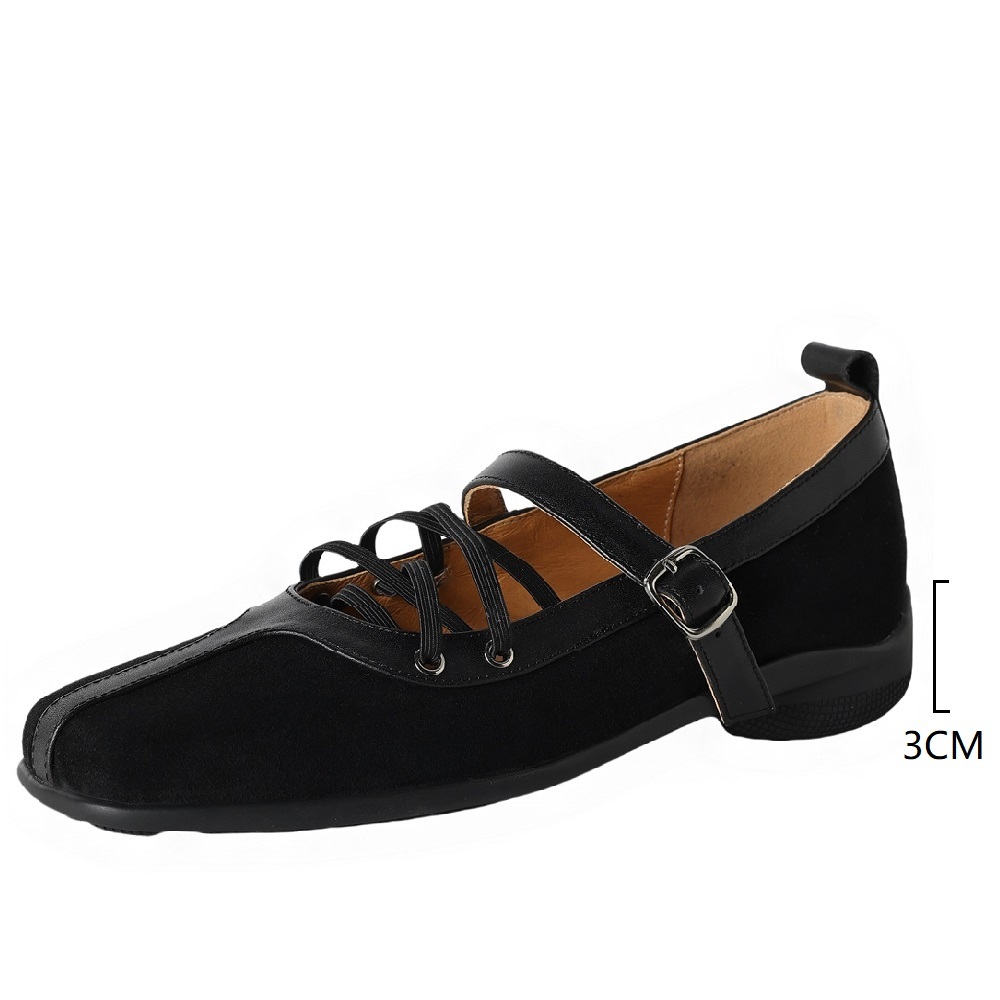 Casual 3 CM Thick Sole Sporty Style Genuine Leather Splicing Color Block Cross Thin Strap Shallow Mouth Square Toe Soft Comfortable Shoes 60411