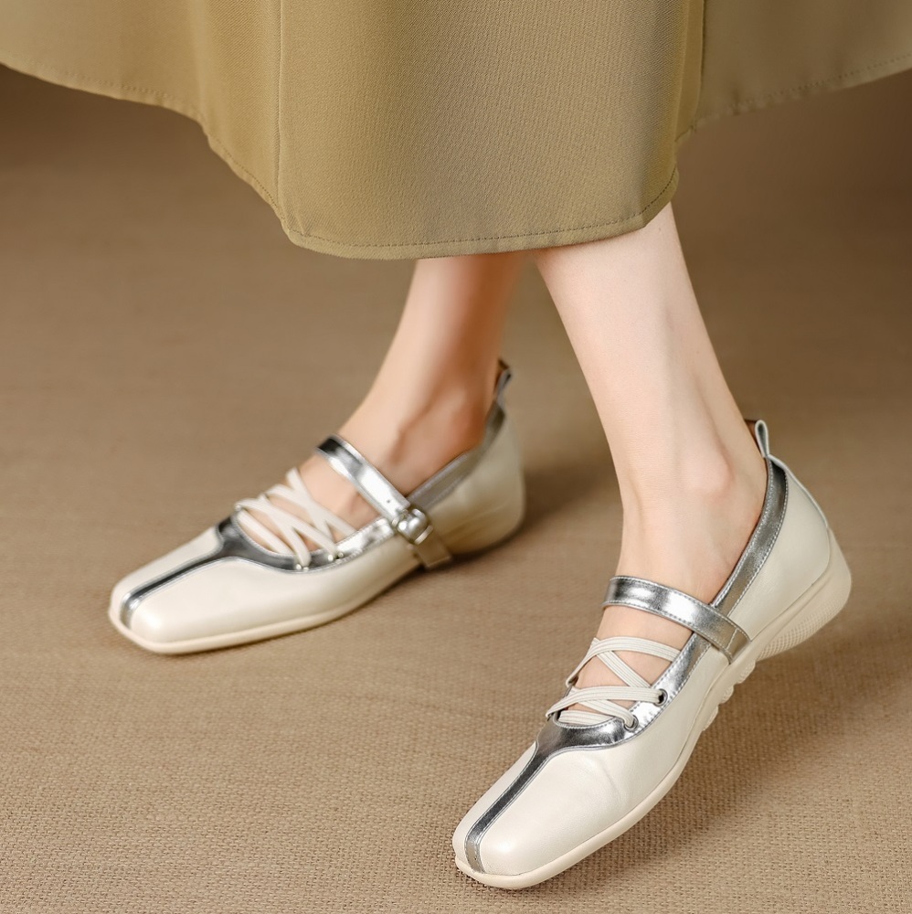 Casual 3 CM Thick Sole Sporty Style Genuine Leather Splicing Color Block Cross Thin Strap Shallow Mouth Square Toe Soft Comfortable Shoes 60411