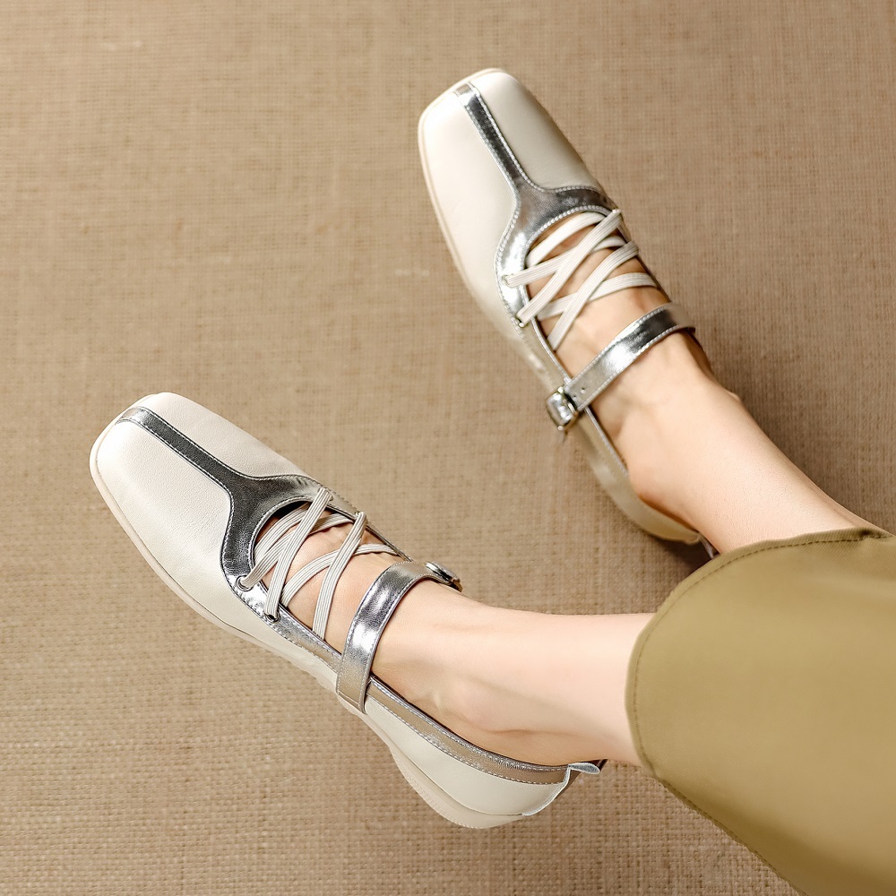 Casual 3 CM Thick Sole Sporty Style Genuine Leather Splicing Color Block Cross Thin Strap Shallow Mouth Square Toe Soft Comfortable Shoes 60411