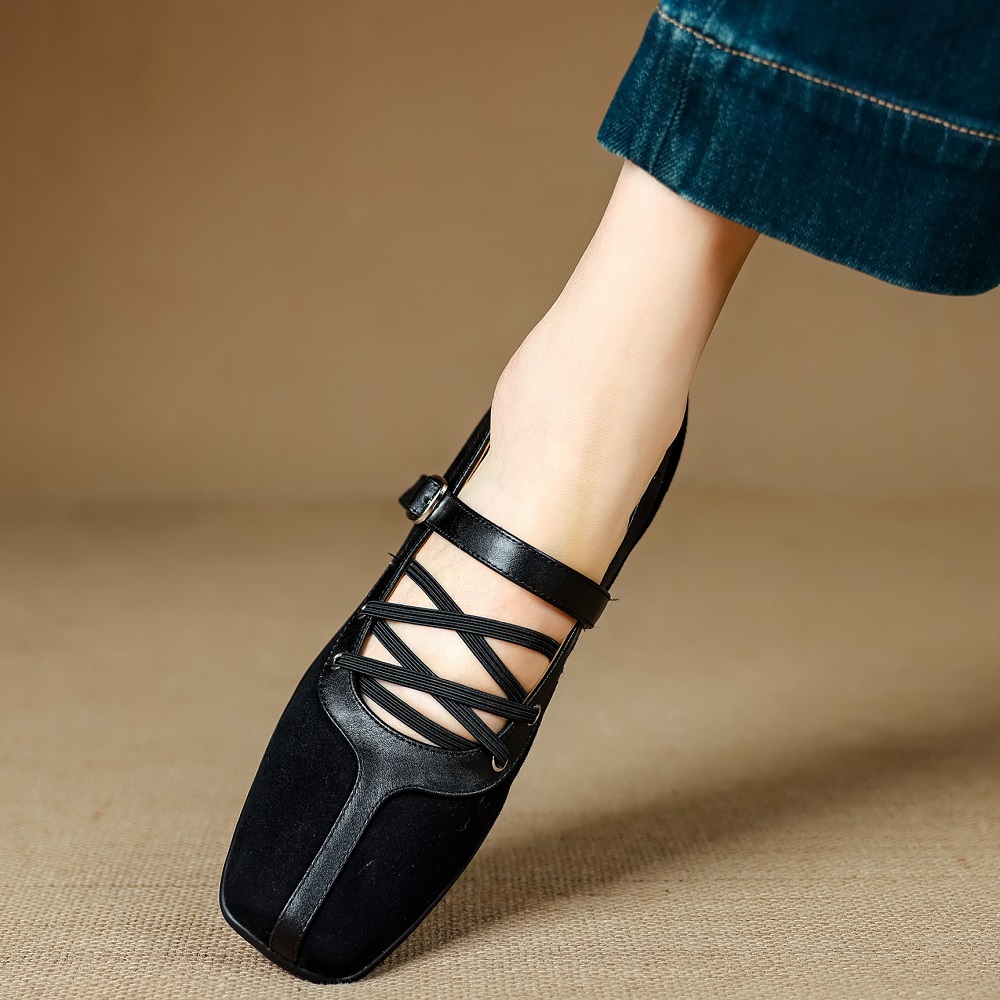 Casual 3 CM Thick Sole Sporty Style Genuine Leather Splicing Color Block Cross Thin Strap Shallow Mouth Square Toe Soft Comfortable Shoes 60411