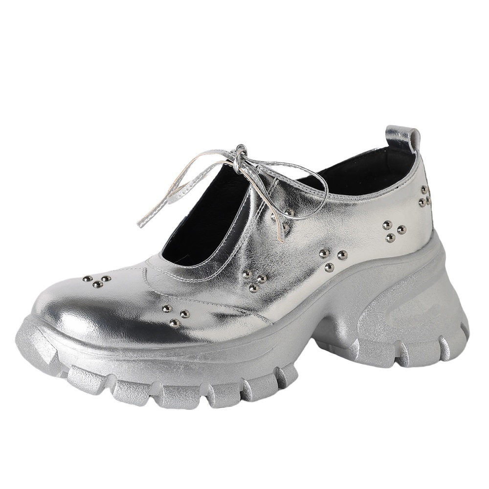 Genuine Leather Lace-up Mary Jane Shoes Women U-shaped Cut Out Rivets 8 CM Thick Sole Casual Sweet Versatile Summer Shoes 60411