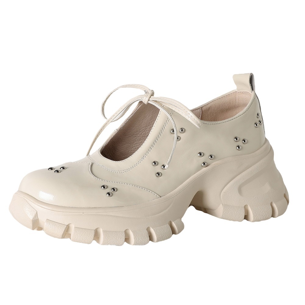 Genuine Leather Lace-up Mary Jane Shoes Women U-shaped Cut Out Rivets 8 CM Thick Sole Casual Sweet Versatile Summer Shoes 60411