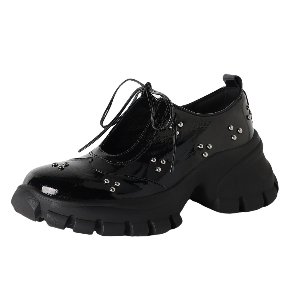 Genuine Leather Lace-up Mary Jane Shoes Women U-shaped Cut Out Rivets 8 CM Thick Sole Casual Sweet Versatile Summer Shoes 60411