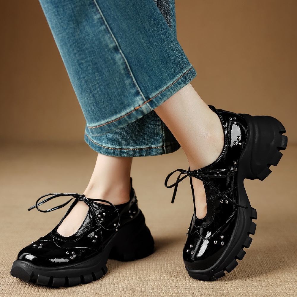 Genuine Leather Lace-up Mary Jane Shoes Women U-shaped Cut Out Rivets 8 CM Thick Sole Casual Sweet Versatile Summer Shoes 60411
