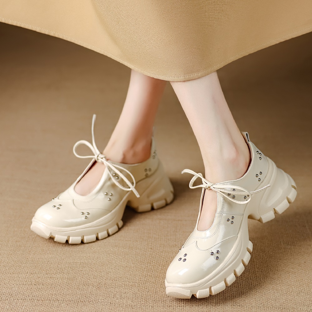 Genuine Leather Lace-up Mary Jane Shoes Women U-shaped Cut Out Rivets 8 CM Thick Sole Casual Sweet Versatile Summer Shoes 60411