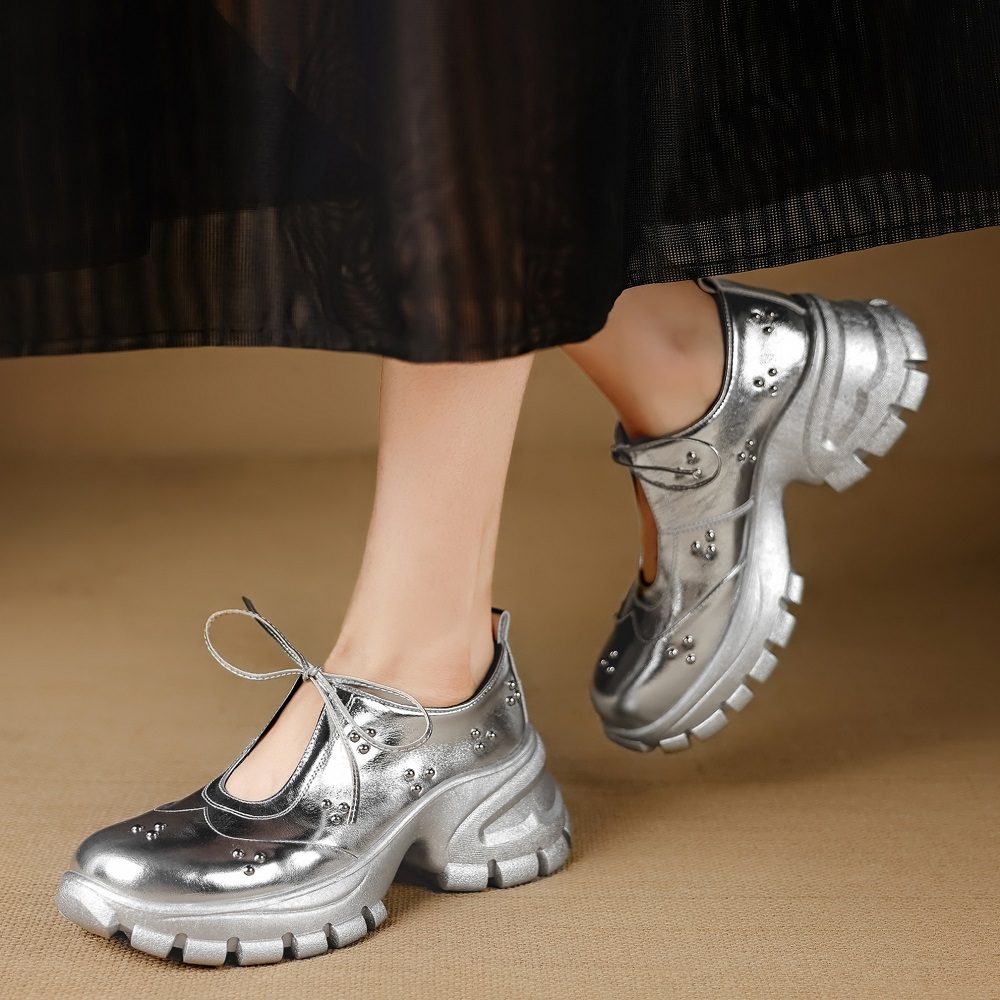 Genuine Leather Lace-up Mary Jane Shoes Women U-shaped Cut Out Rivets 8 CM Thick Sole Casual Sweet Versatile Summer Shoes 60411