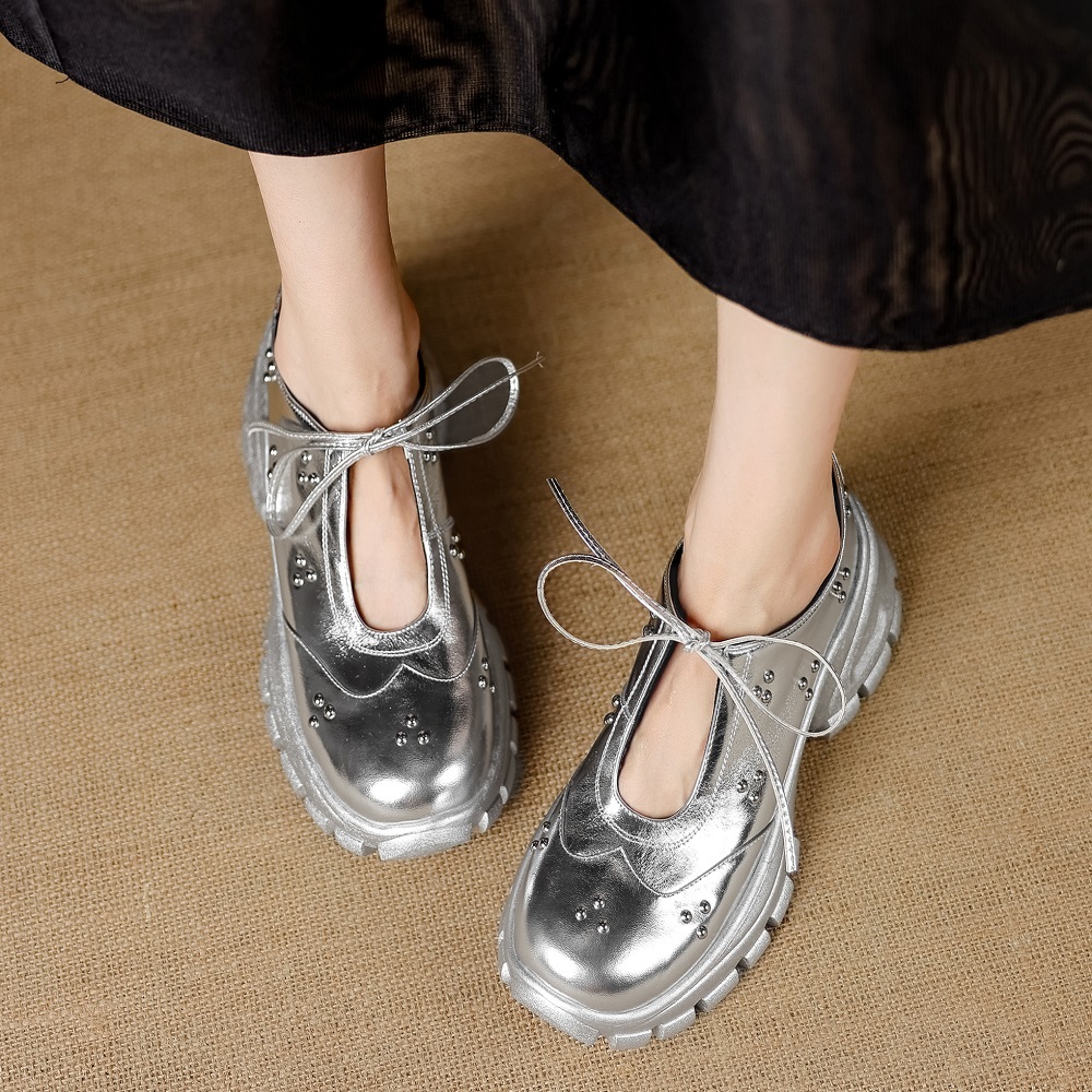 Genuine Leather Lace-up Mary Jane Shoes Women U-shaped Cut Out Rivets 8 CM Thick Sole Casual Sweet Versatile Summer Shoes 60411