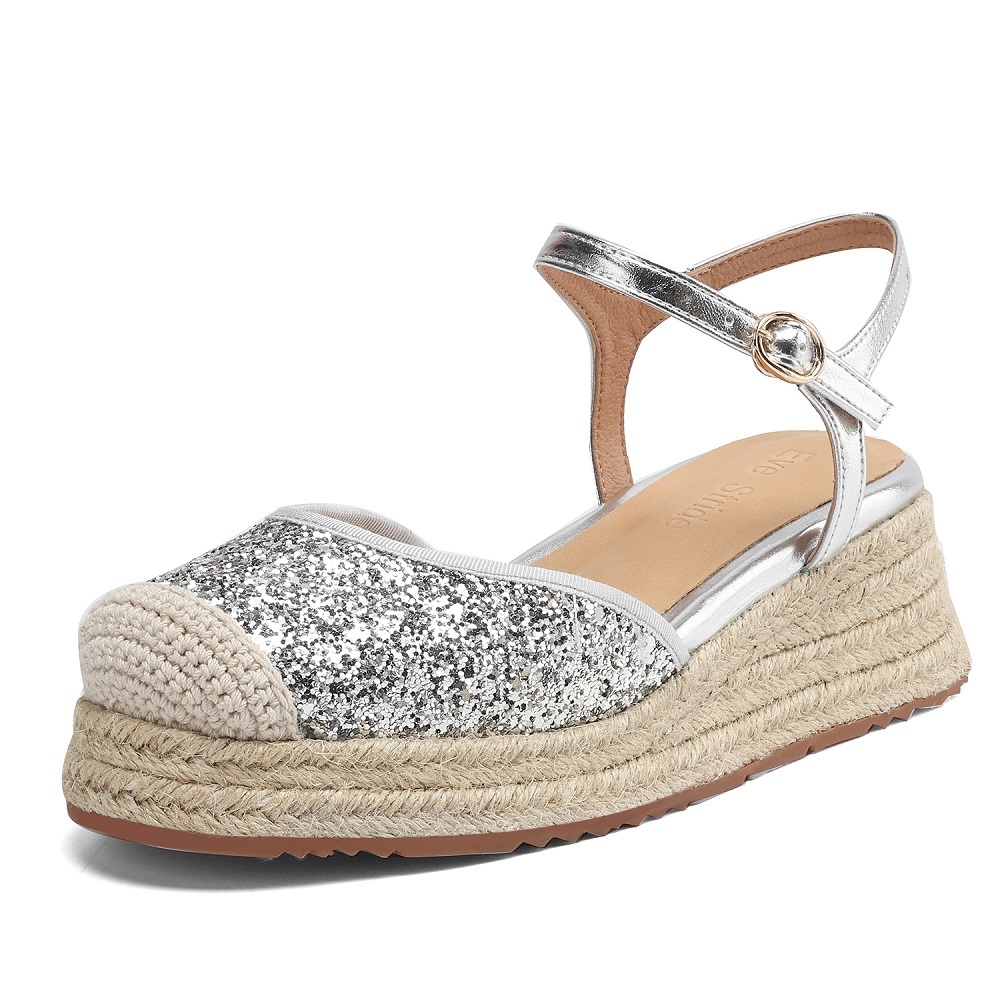 Women's Casual Comfort Sandals Summer Genuine Leather Toe Cap Sequined Patchwork Closed Toe Backless Single Strap 5 CM Wedge Heel Shoes 60411
