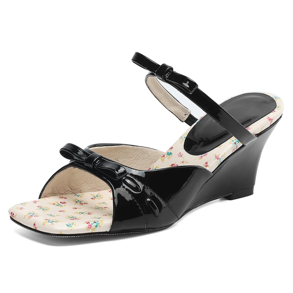 7 CM Wedge Heel Sweet Floral Summer Genuine Leather Bow Square Toe Mules Age Reducing Elegant French Style Slide Sandals 60411