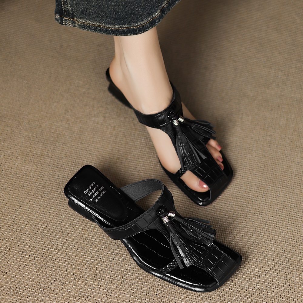 4 CM Block Heel Half Open Toe Tassel Retro Square Toe Braided Thin Strap Commuter Summer Crocodile Embossed Genuine Leather Slides Sandals 60413