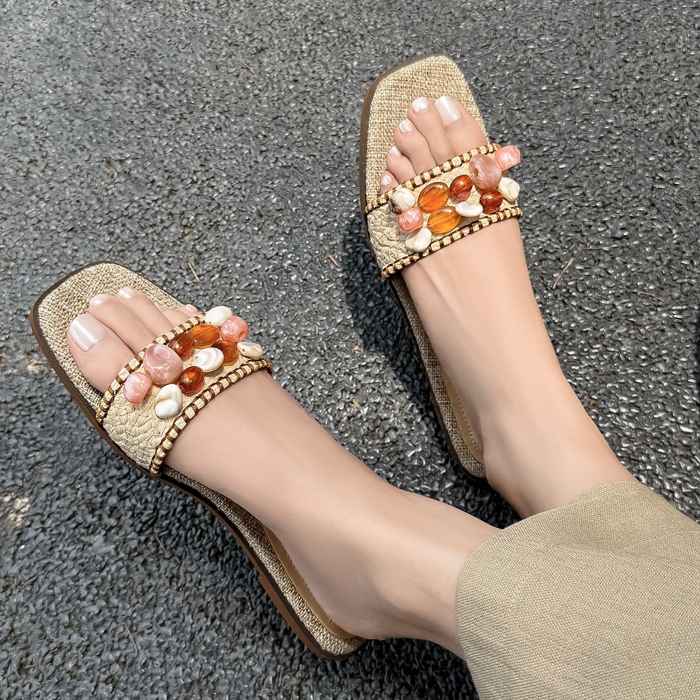 Women's Summer Casual Versatile Slide Genuine Leather Sandals Vacation Style Beaded Open Toe Square Toe Straw Woven Flat Slides 60413