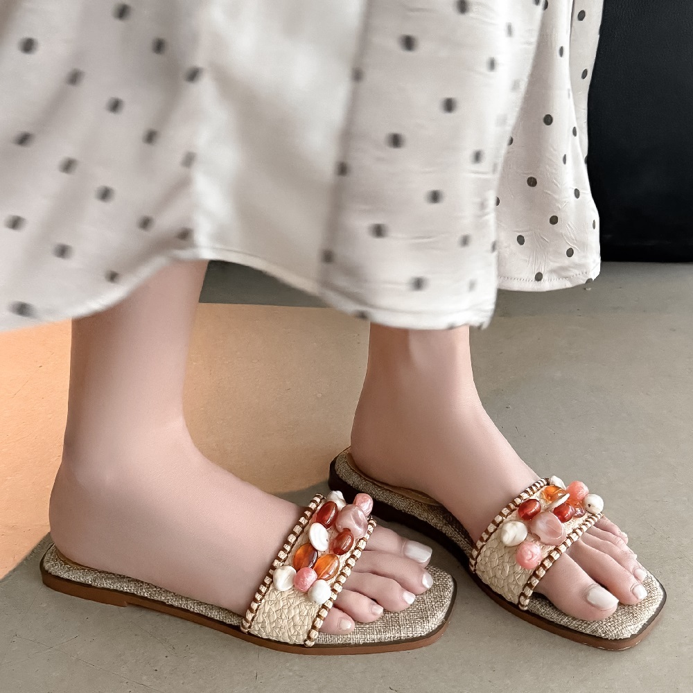 Women's Summer Casual Versatile Slide Genuine Leather Sandals Vacation Style Beaded Open Toe Square Toe Straw Woven Flat Slides 60413