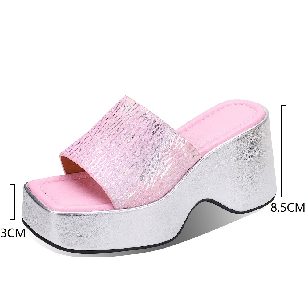 Women's Summer French Square Toe Slides 8.5 CM Wedge Heel Fashion Genuine Leather Horse Hair Open Toe Sweet Beach Style Slippers 60413
