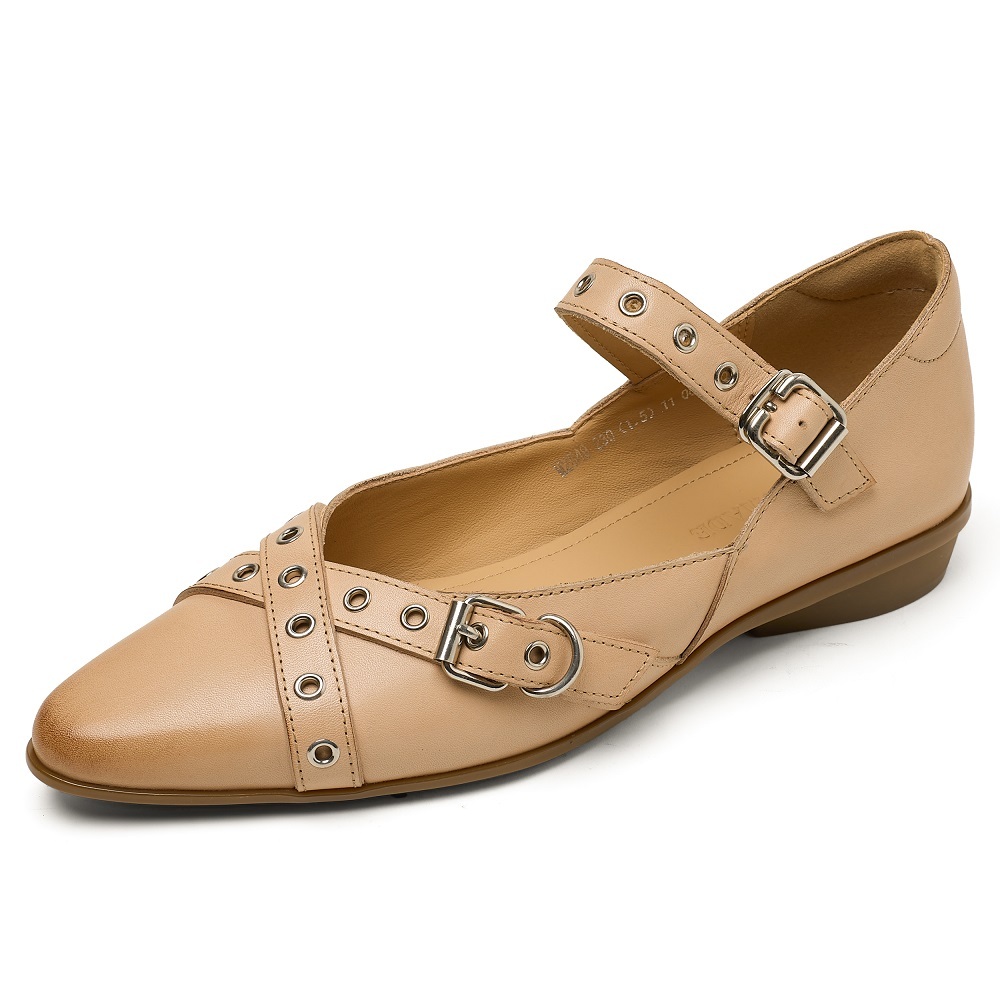 Spring Summer Retro French Mary Jane Shoes Pointed Toe Shallow Mouth Crisscross Straps 2 CM Low Heel Metal Buckle Casual Women's Versatile Shoes 60413
