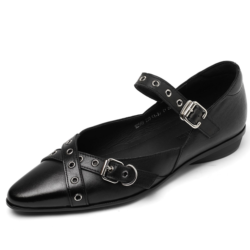 Spring Summer Retro French Mary Jane Shoes Pointed Toe Shallow Mouth Crisscross Straps 2 CM Low Heel Metal Buckle Casual Women's Versatile Shoes 60413