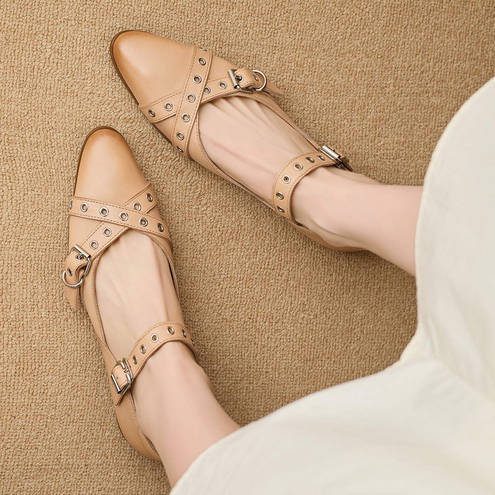 Spring Summer Retro French Mary Jane Shoes Pointed Toe Shallow Mouth Crisscross Straps 2 CM Low Heel Metal Buckle Casual Women's Versatile Shoes 60413