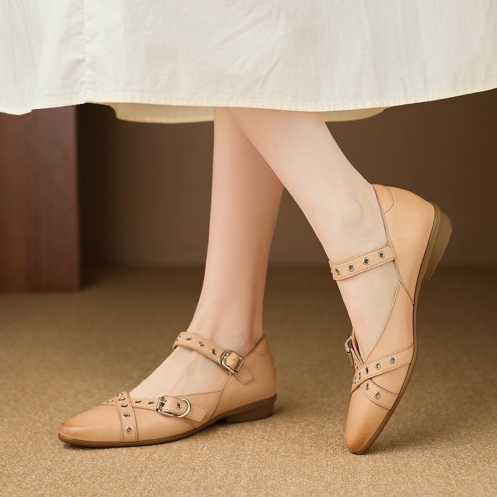 Spring Summer Retro French Mary Jane Shoes Pointed Toe Shallow Mouth Crisscross Straps 2 CM Low Heel Metal Buckle Casual Women's Versatile Shoes 60413