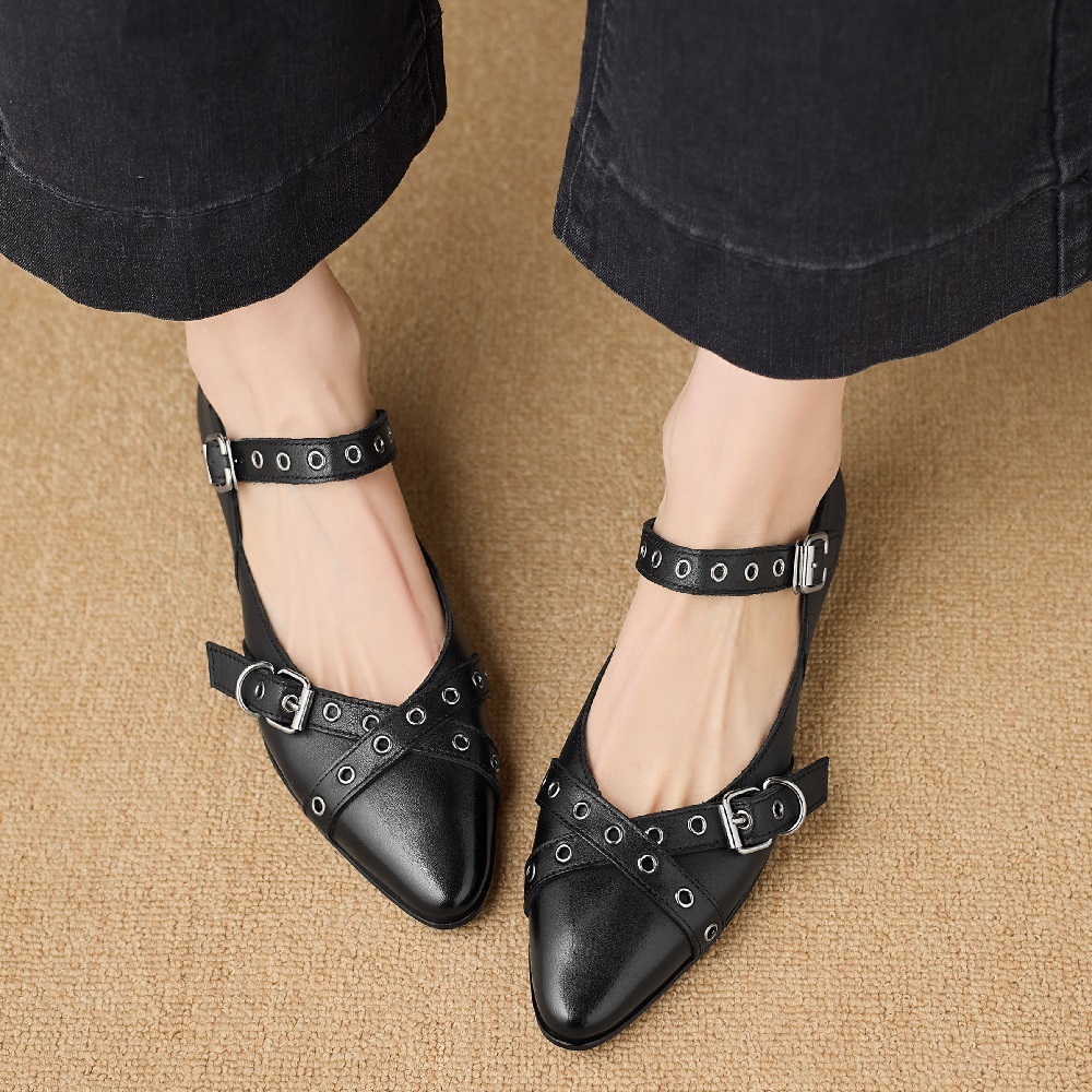 Spring Summer Retro French Mary Jane Shoes Pointed Toe Shallow Mouth Crisscross Straps 2 CM Low Heel Metal Buckle Casual Women's Versatile Shoes 60413
