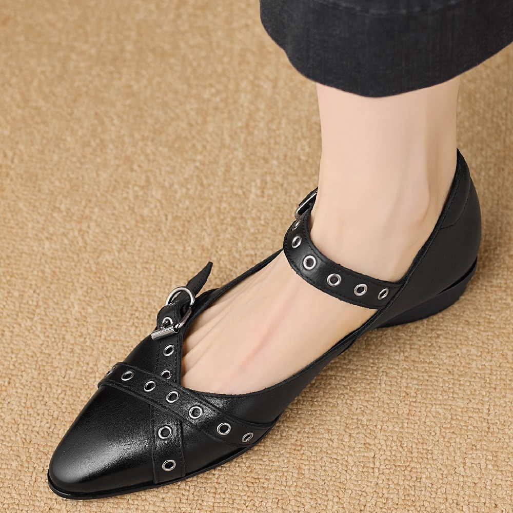 Spring Summer Retro French Mary Jane Shoes Pointed Toe Shallow Mouth Crisscross Straps 2 CM Low Heel Metal Buckle Casual Women's Versatile Shoes 60413