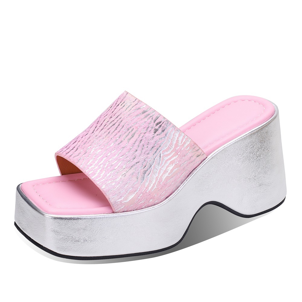 Women's Summer French Square Toe Slides 8.5 CM Wedge Heel Fashion Genuine Leather Horse Hair Open Toe Sweet Beach Style Slippers 60413