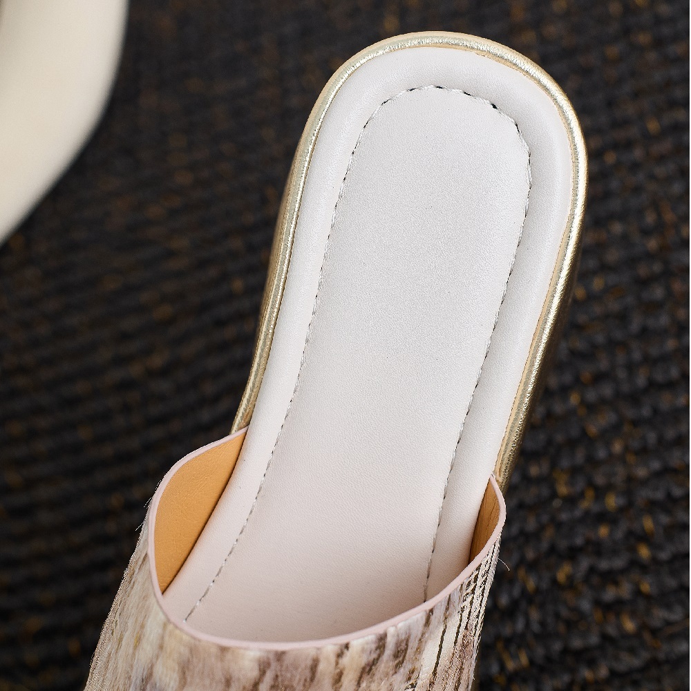 Women's Summer French Square Toe Slides 8.5 CM Wedge Heel Fashion Genuine Leather Horse Hair Open Toe Sweet Beach Style Slippers 60413